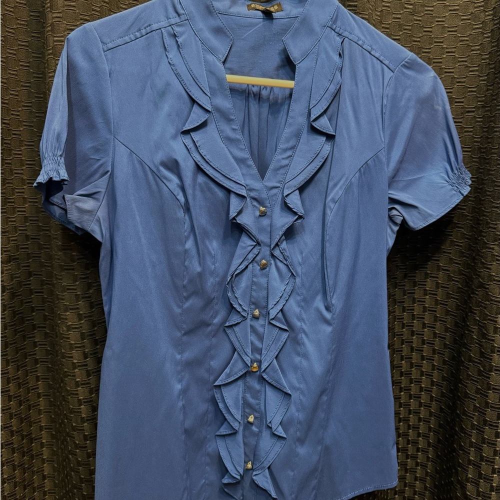 Express Blue Ruffled Bib Collar Blouse